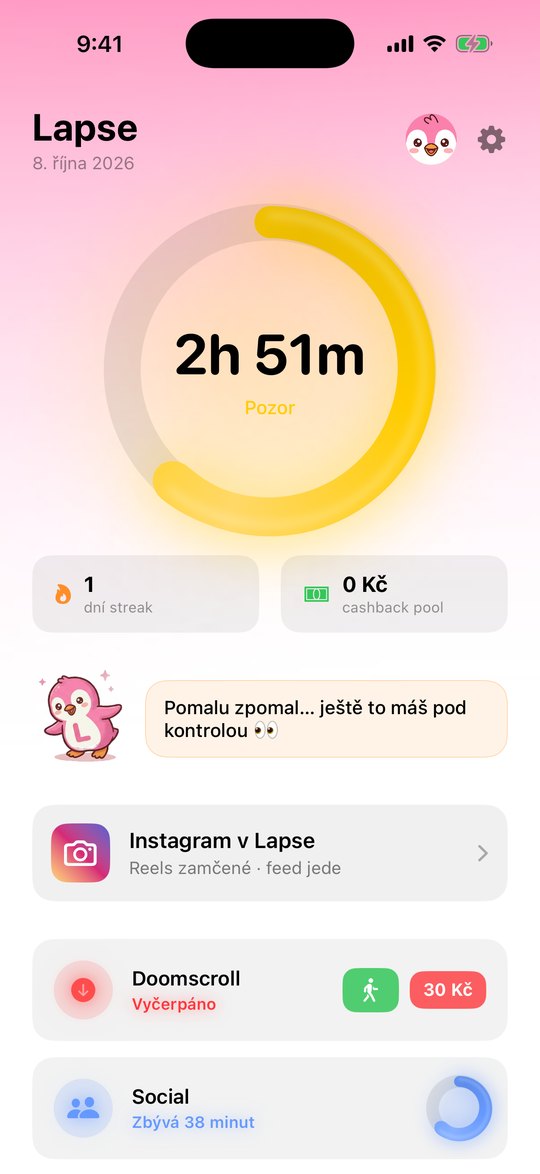 Hlavní obrazovka Lapse: dnešní čas na mobilu a limity kategorií